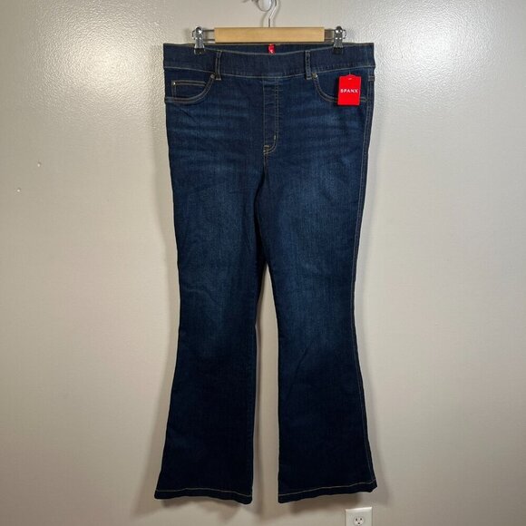 Spanx Flare Jeans Size XL High Rise Dark Wash Pull On Slimming Shaping Blue - Picture 1 of 11